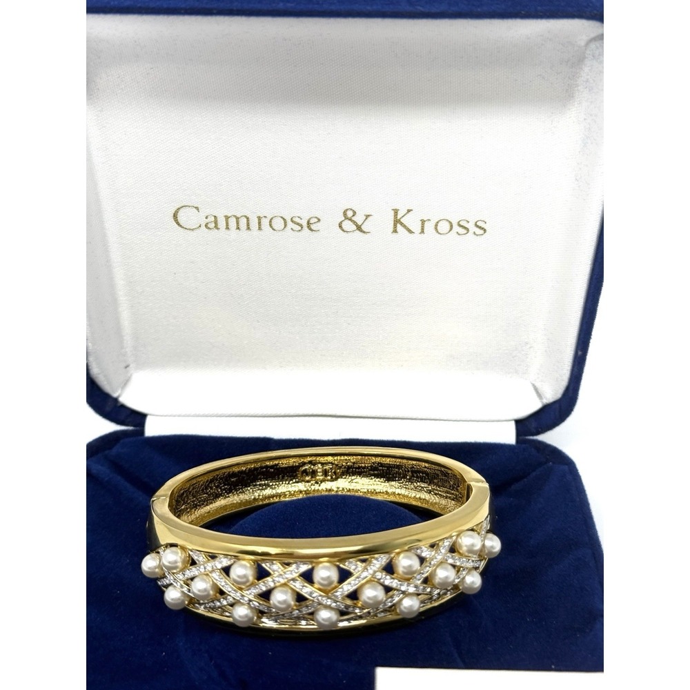 Vtg Camrose & Kross Jacqueline Kennedy JBK Crystal Pearl Hinged Bracelet EUC